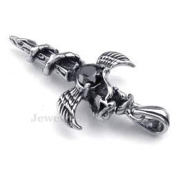 Black Zircon Sword Wings Titanium Cross Pendant Necklace (Free Chain)
