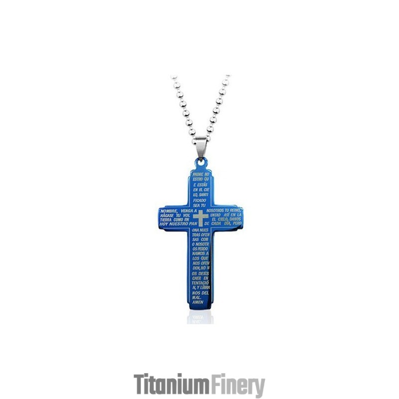 Blue Bible Titanium Cross Pendant - Free Chain