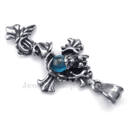 Dragon Blue Bead Titanium Cross Pendant Necklace (Free Chain)