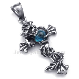 Dragon Blue Bead Titanium Cross Pendant Necklace (Free Chain)