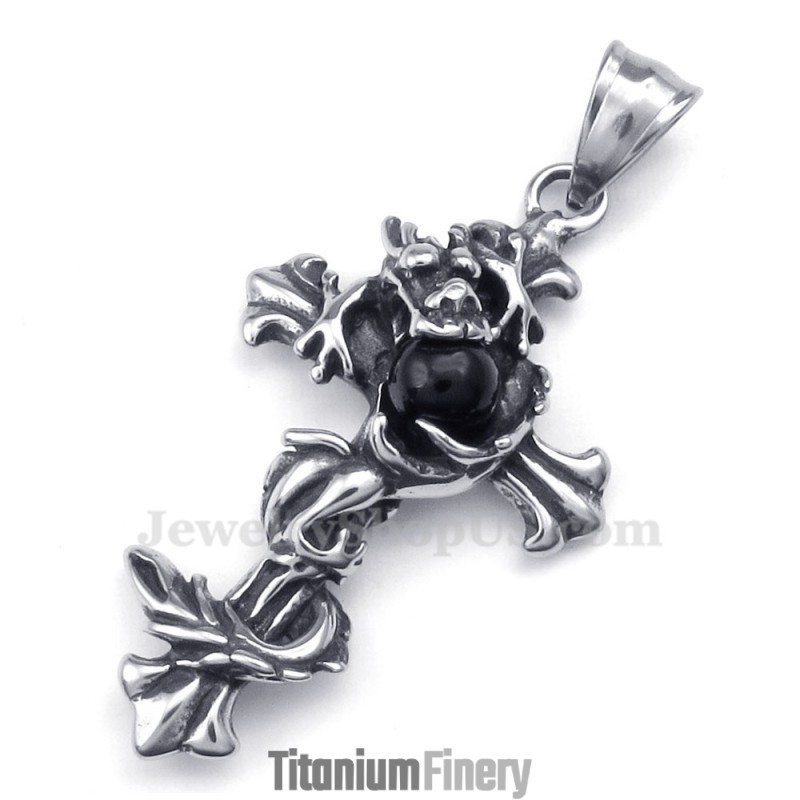 Dragon Black Bead Titanium Cross Pendant Necklace (Free Chain) Dragon Black Bead Titanium Cross Pendant Necklace (Free Chain)