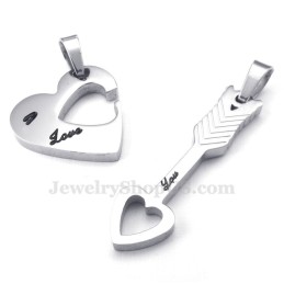 Titanium Silver Cupid Arrow Hearts Couples Pendant Necklace (Free Chain)(One Pair)