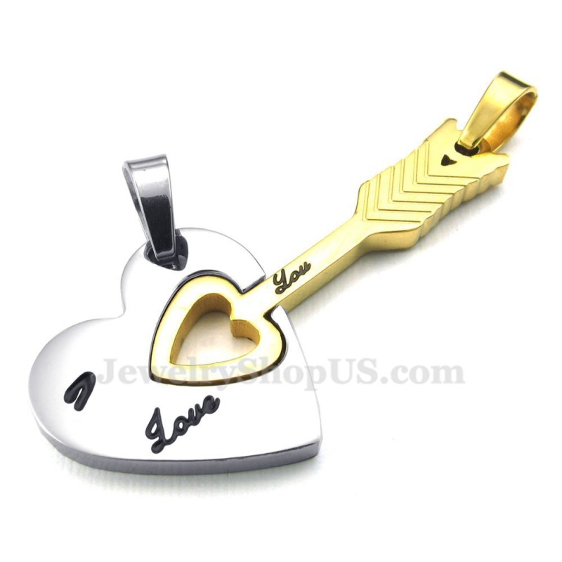 Titanium Gold Cupid Arrow Hearts Couples Pendant Necklace (Free Chain)(One Pair) Titanium Gold Cupid Arrow Hearts Couples Pendant Necklace (Free Chain)(One Pair)