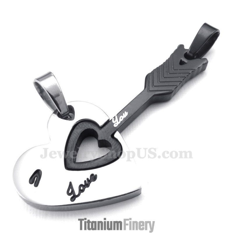 Titanium Black Cupid Arrow Hearts Couples Pendant Necklace (Free Chain)(One Pair) Titanium Black Cupid Arrow Hearts Couples Pendant Necklace (Free Chain)(One Pair)