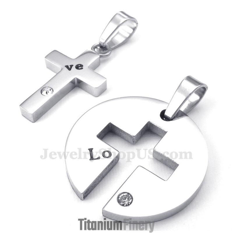 Titanium Silver Cross Couples Pendant Necklace (Free Chain)(One Pair)
