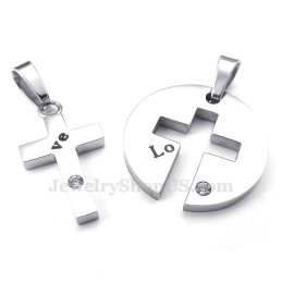 Titanium Silver Cross Couples Pendant Necklace (Free Chain)(One Pair)