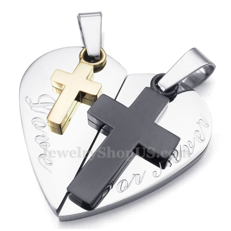Titanium Double Cross Hearts Shaped Couples Pendant Necklace (Free Chain)(One Pair) Titanium Double Cross Hearts Shaped Couples Pendant Necklace (Free Chain)(One Pair)