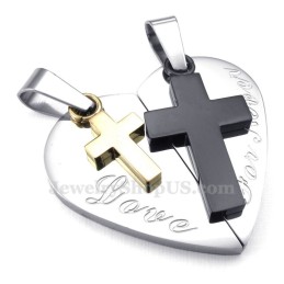 Titanium Double Cross Hearts Shaped Couples Pendant Necklace (Free Chain)(One Pair)
