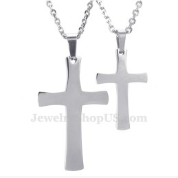 Silver Titanium Cross Couples Pendant Necklace (Free Chain)(One Pair)