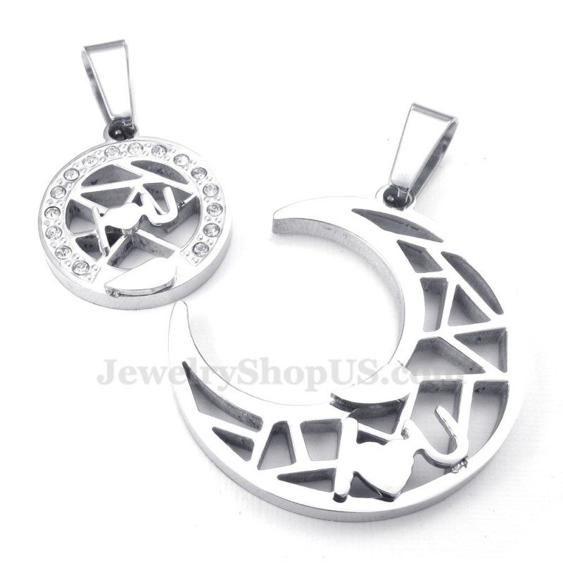 Titanium Silver Moon And Stars Couples Pendant Necklace (Free Chain)(One Pair) Titanium Silver Moon And Stars Couples Pendant Necklace (Free Chain)(One Pair)