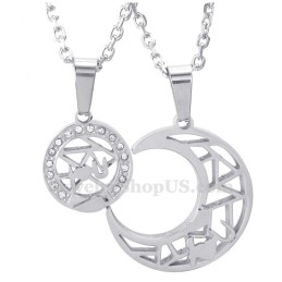 Titanium Silver Moon And Stars Couples Pendant Necklace (Free Chain)(One Pair)