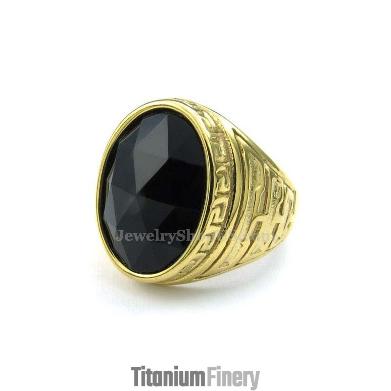 Mens Gold Titanium Ring With Black Zircon