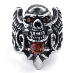 Titanium Skull Wing Ring With Red Zircon