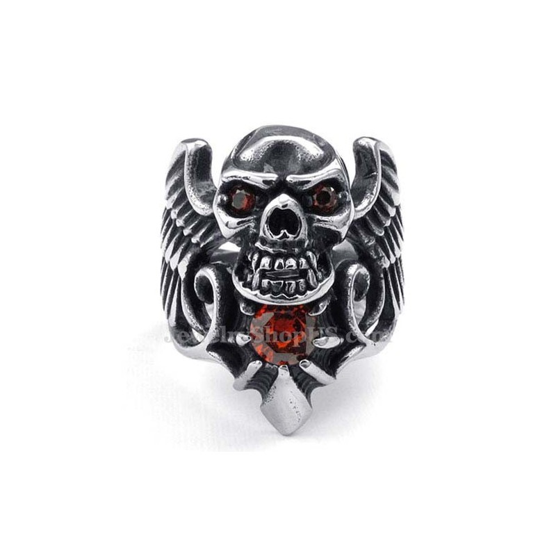 Titanium Skull Wing Ring With Red Zircon