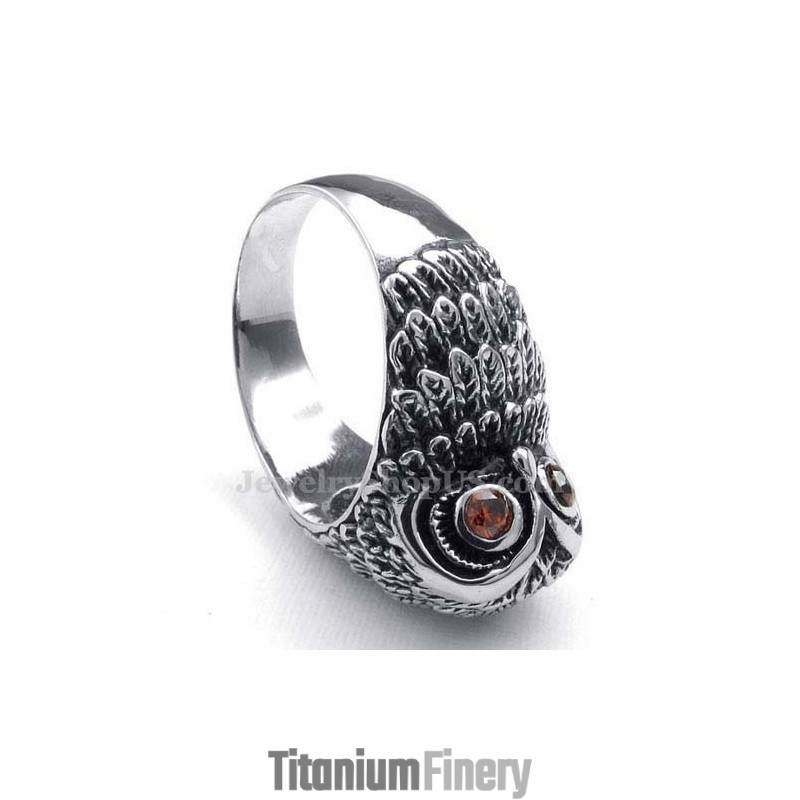 Titanium Owl Ring With Red Zircon Eyes