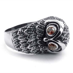 Titanium Owl Ring With Red Zircon Eyes