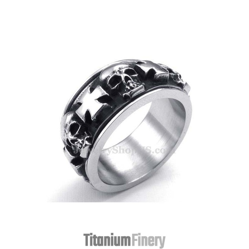 Titanium Round Cross Skull Ring