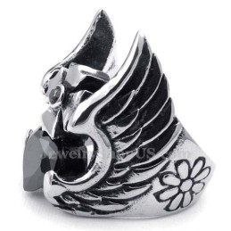 Titanium Cross Feather Ring With Black Zircon