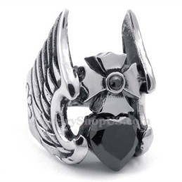 Titanium Cross Feather Ring With Black Zircon