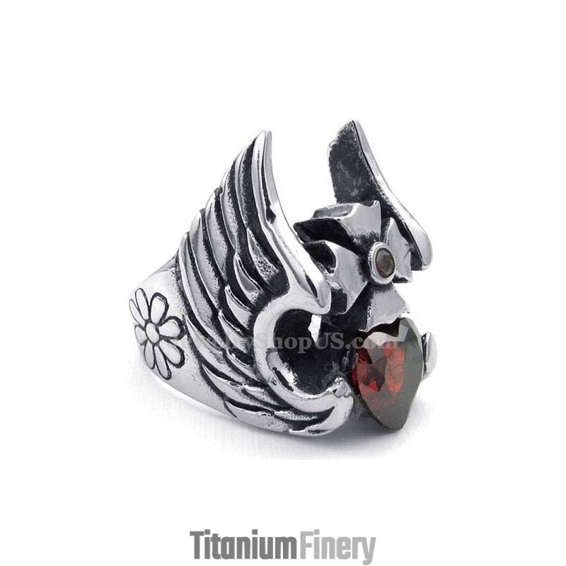 Titanium Cross Feather Ring With Red Zircon Titanium Cross Feather Ring With Red Zircon