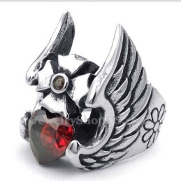 Titanium Cross Feather Ring With Red Zircon