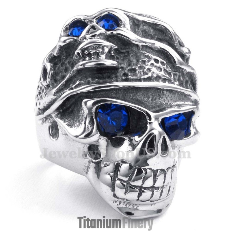 Titanium Skull Ring With Blue Zircon