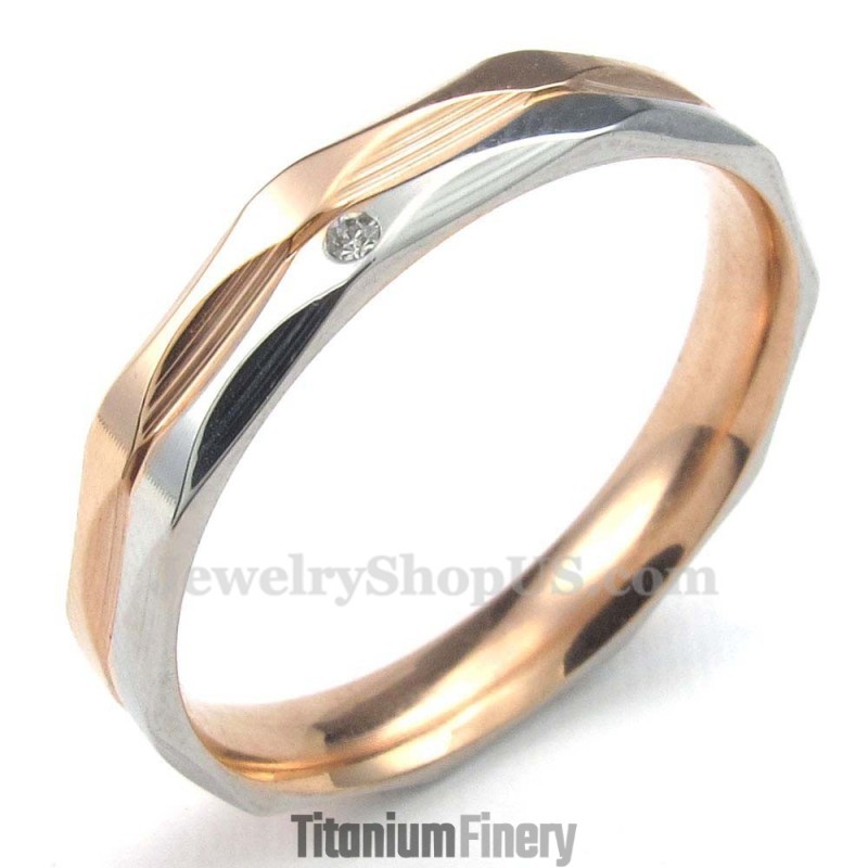 Rose Gold Titanium Couples Ring With White Zircon