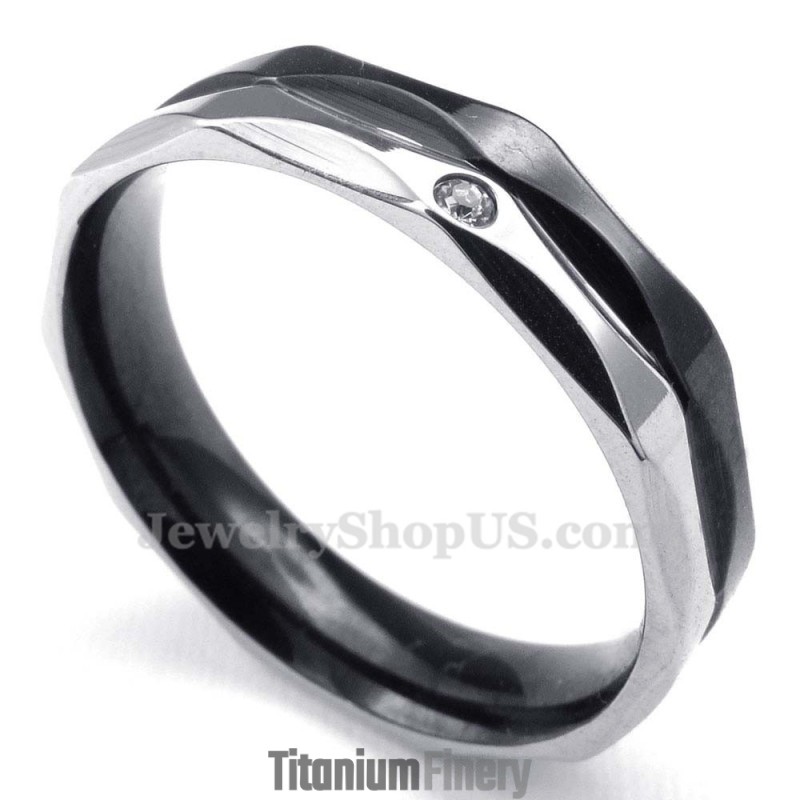 Black Titanium Couples Ring With White Zircon