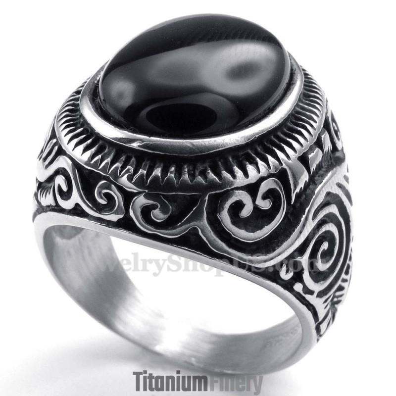 Titanium Ring With Black Ornamental Stone