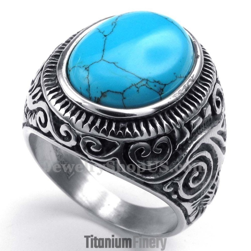 Titanium Ring With Blue Ornamental Stone