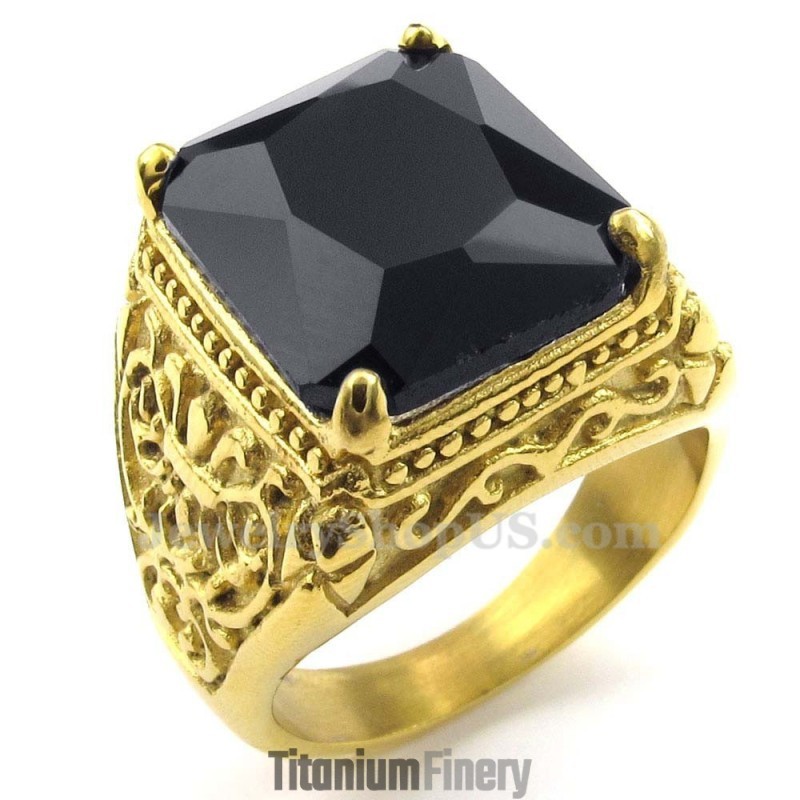 Gold Titanium Ring With Black Zircon Gold Titanium Ring With Black Zircon