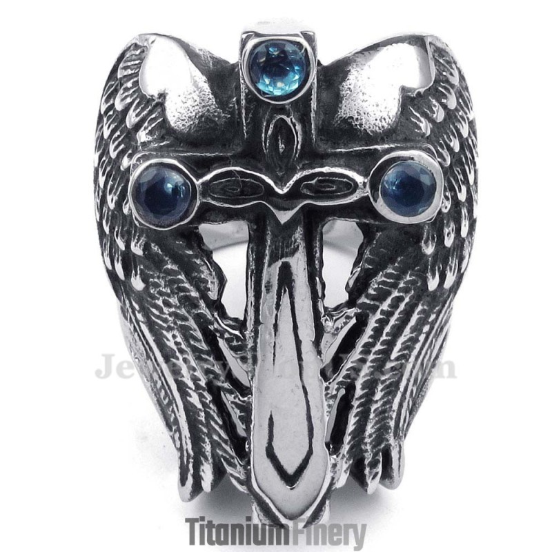 Titanium Cross Wing Ring With Blue Zircon Titanium Cross Wing Ring With Blue Zircon