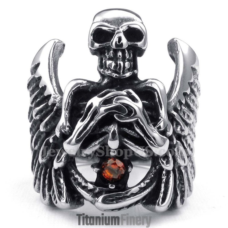 Titanium Skull Ring With Wing