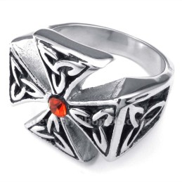 Titanium Cross Ring With Red Zircon
