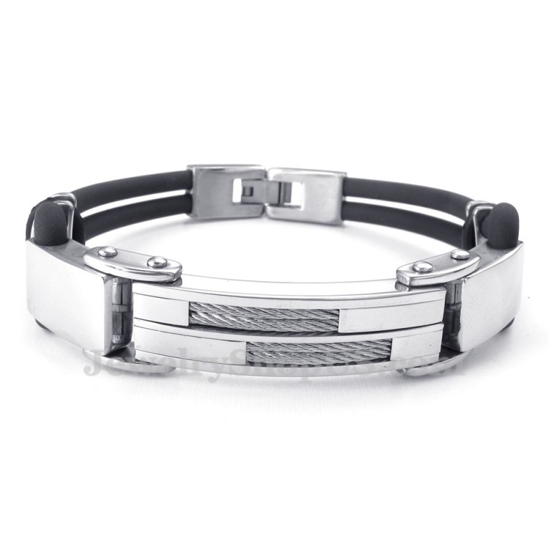 Silver Black Titanium Bangles With Wire Leather