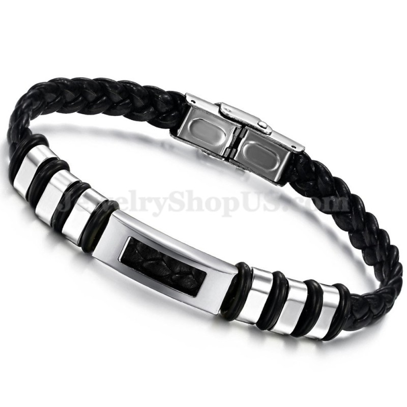 Men's Silver Black Titanium Leather Bracelet C767 Men's Silver Black Titanium Leather Bracelet C767