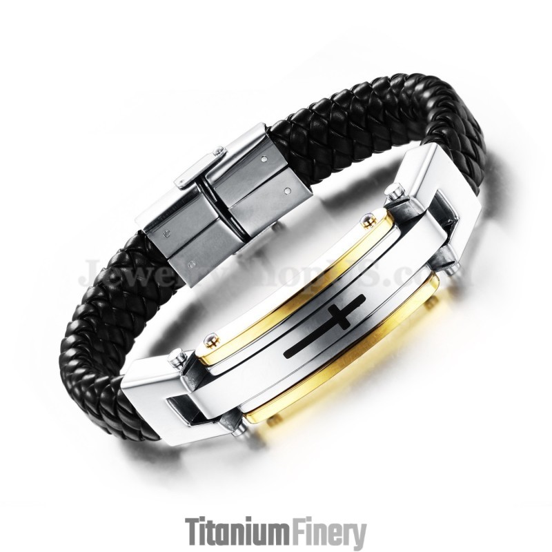 Men's Cross Titanium Leather Bracelet C916 Men's Cross Titanium Leather Bracelet C916
