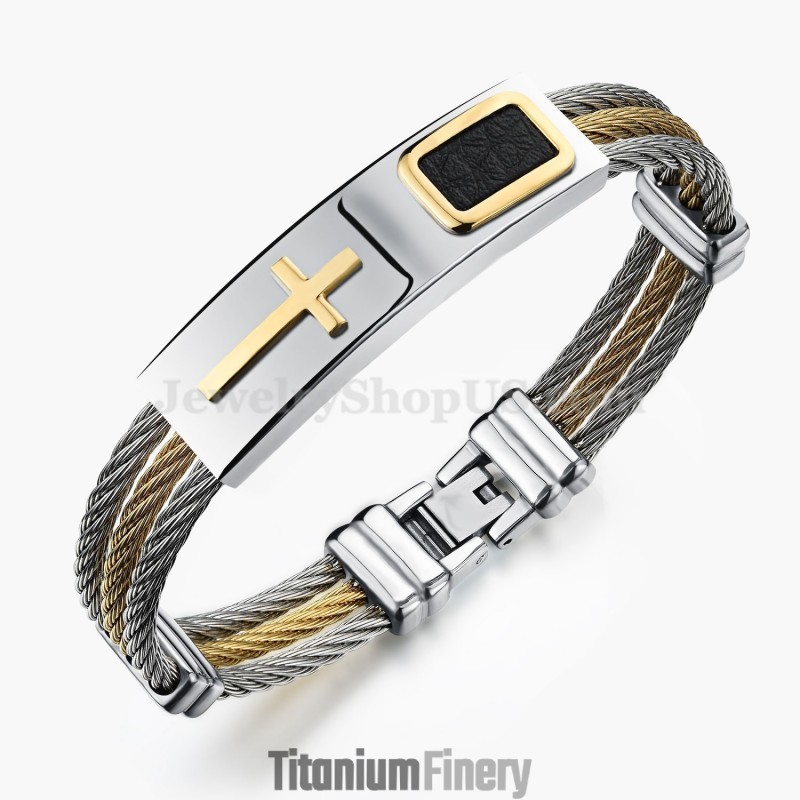 Men's Titanium Gold Cross Bracelet C785 Men's Titanium Gold Cross Bracelet C785