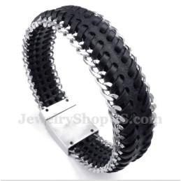 Men's Titanium Black Leather Bracelet