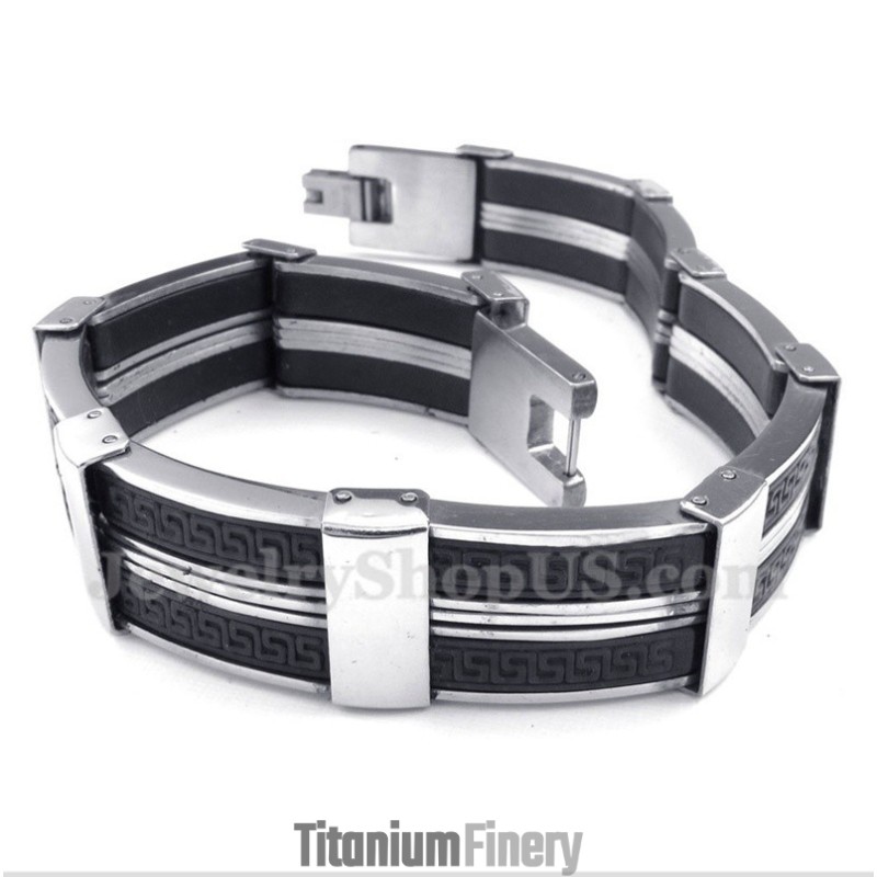 Men's Titanium Rubber Greek Meander Pattern Bracelet