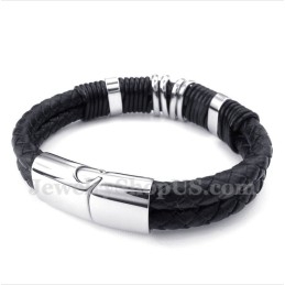 Men's Titanium Black Leather Bracelet