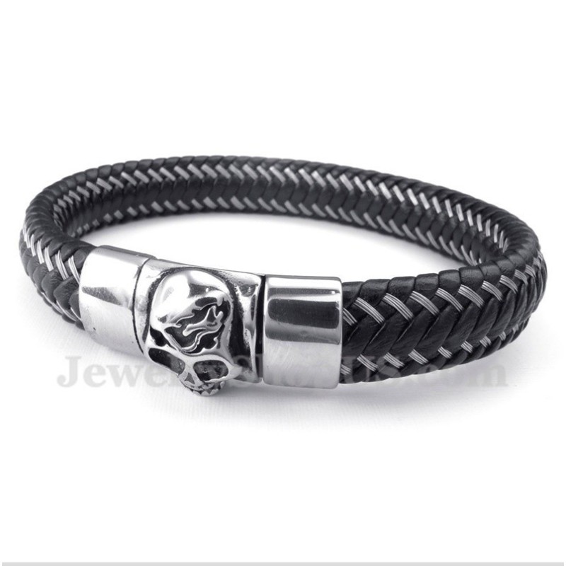 Men's Titanium Black Leather Cable Bracelet Men's Titanium Black Leather Cable Bracelet