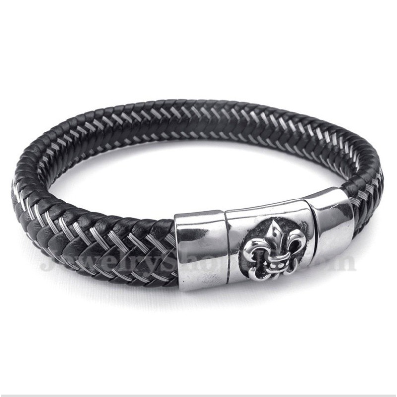 Men's Titanium Black Leather Cable Magnet Bracelet Men's Titanium Black Leather Cable Magnet Bracelet