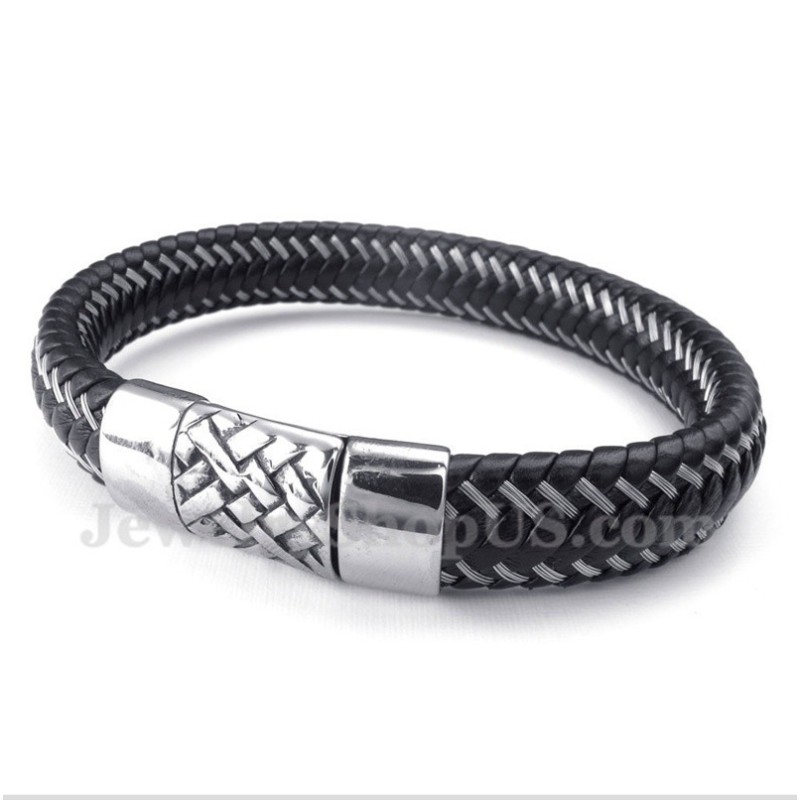 Men's Titanium Black Leather Cable Bracelet