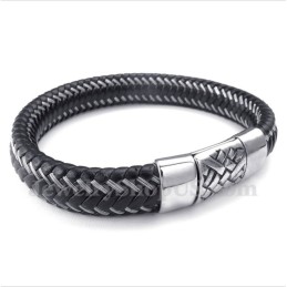 Men's Titanium Black Leather Cable Bracelet
