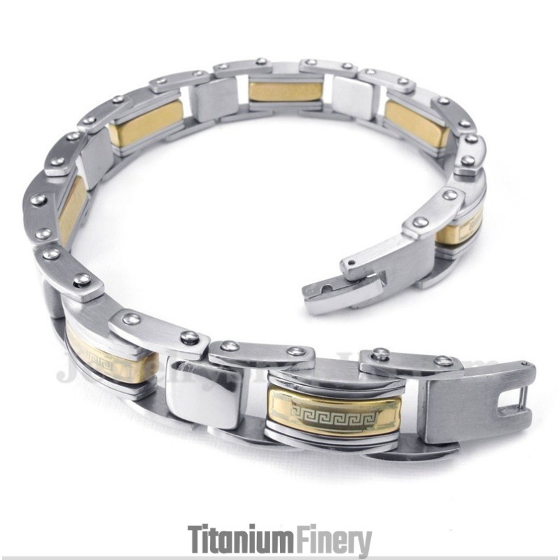 Men's Titanium Gold Greek Meander Pattern Bracelet Men's Titanium Gold Greek Meander Pattern Bracelet