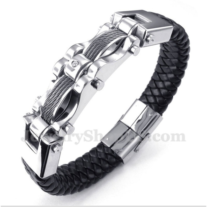 Men's Titanium Cable Diamond Leather Bracelet Men's Titanium Cable Diamond Leather Bracelet
