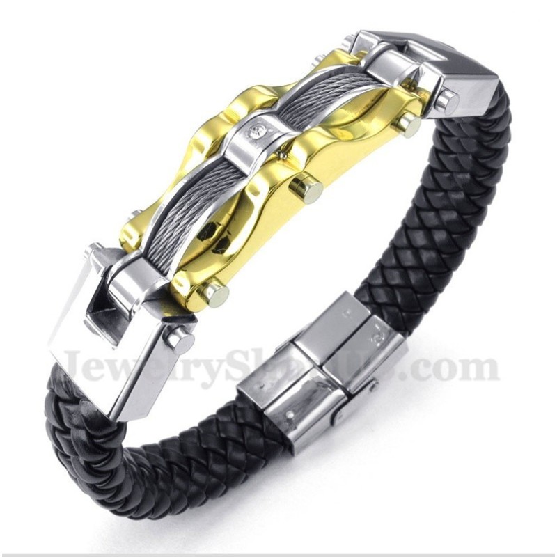 Men's Titanium Gold Cable Leather Bracelet Men's Titanium Gold Cable Leather Bracelet