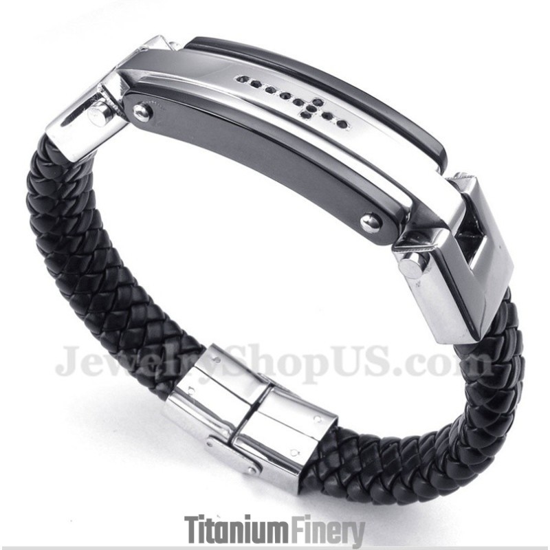 Men's Titanium Black Crystal Cross Leather Bracelet Men's Titanium Black Crystal Cross Leather Bracelet