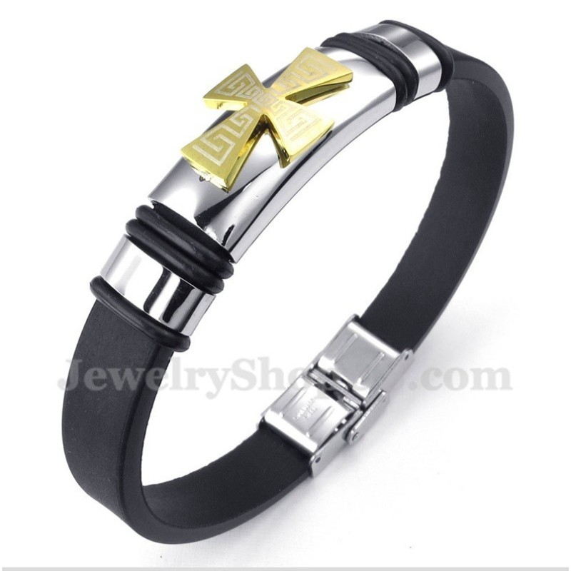 Men's Titanium Greek Meander Pattern Gold Cross Rubber Bracelet Men's Titanium Greek Meander Pattern Gold Cross Rubber Bracelet